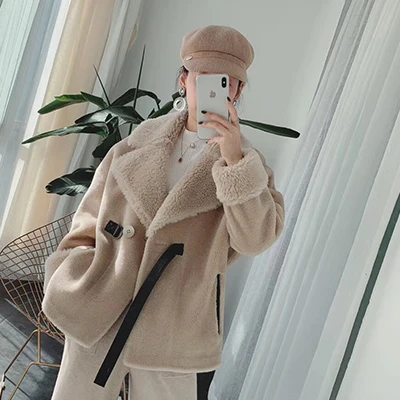 Khaki Женское пальто из натурального меха ягненка, одежда, новая мода, Корейская куртка из короткой овечьей шерсти размера плюс, Короткие стильные шерстяные пальто для женщин - Цвет: Khaki