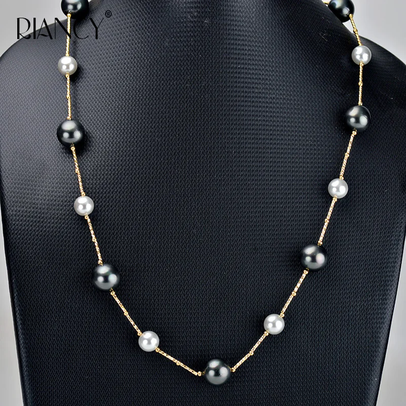 New Fashion black shell Imitation pearl necklace Sweater chain two-tone necklace Female 8mm 10mm Gradient 60cm shell necklace