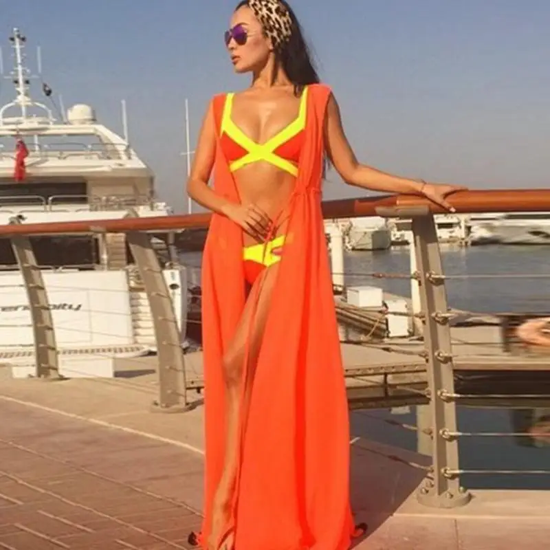 Мода пляжном стиле с короткими рукавами шифон сплошной цвет бикини вс платье |