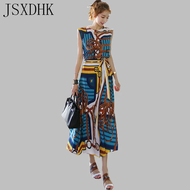 

JSXDHK, винтажное женское длинное платье с принтом, летние костюмы без рукавов, комплект из 2 предметов + Элегантный Макси-костюм с бантом и широ...