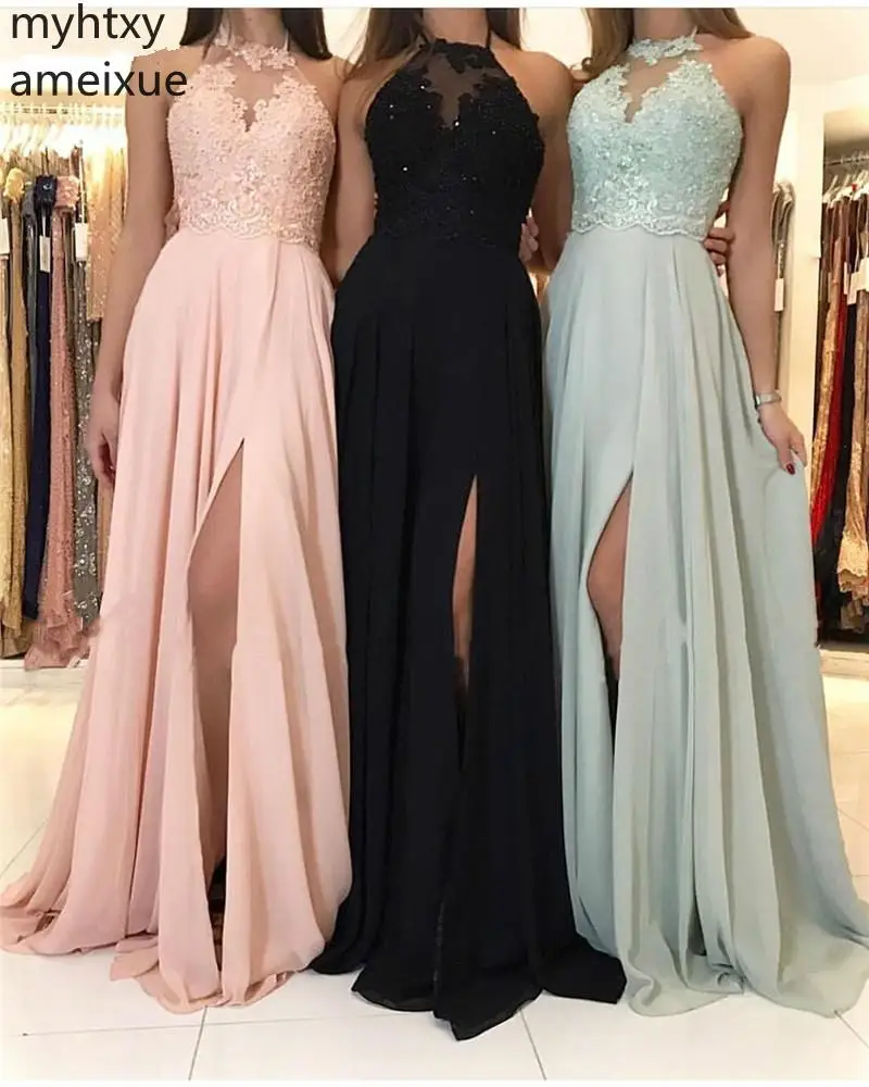 

2021 New Candy Color Halter Side Slit A-line Lace Applique Crystal Chiffon Plus Size Evening Gown Dress For Women Robe De Soiree