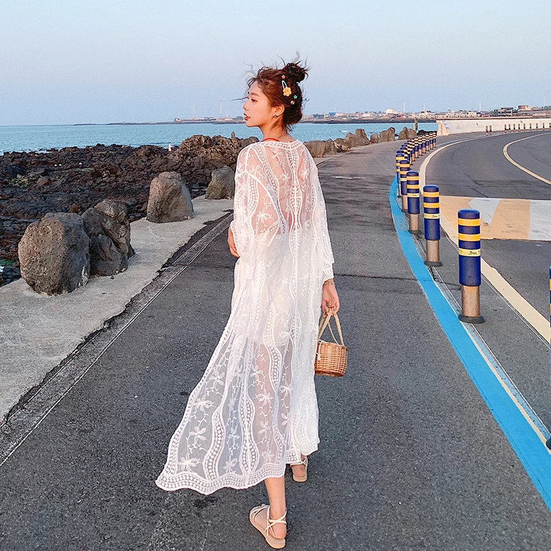 Casual long cardigans womens sunscreen shirt loose beach coat lace chiffon Outerwear (mm7972) |