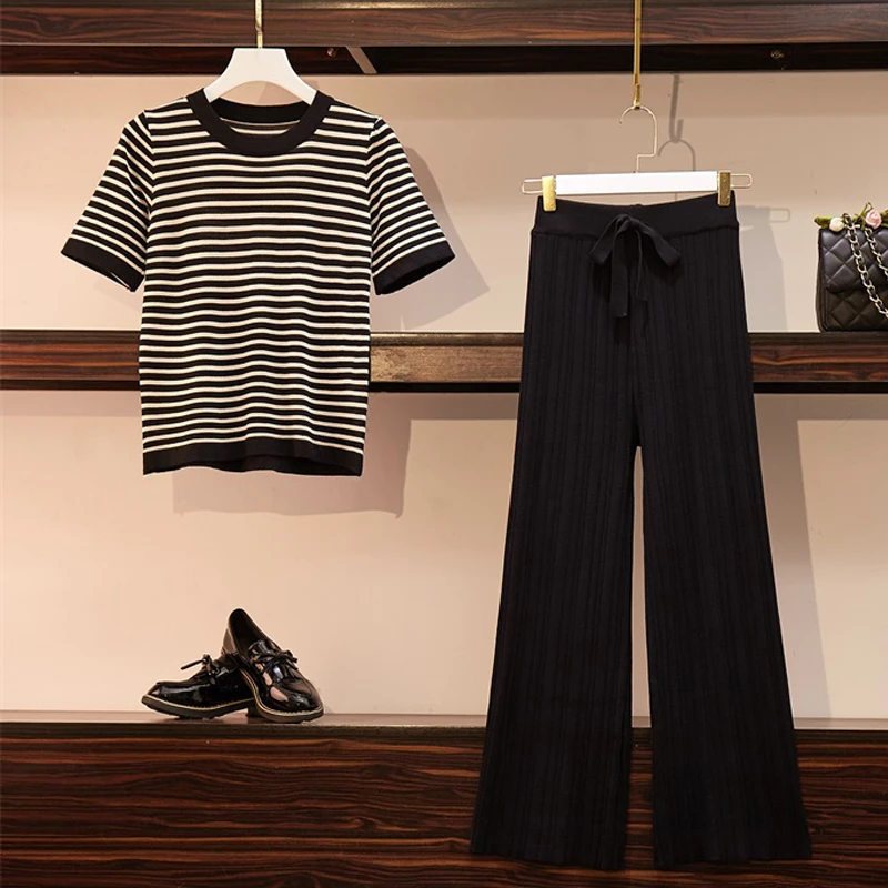 ALPHALMODA Женская Полосатая трикотажная футболка топ + Широкие трикотажные брюки