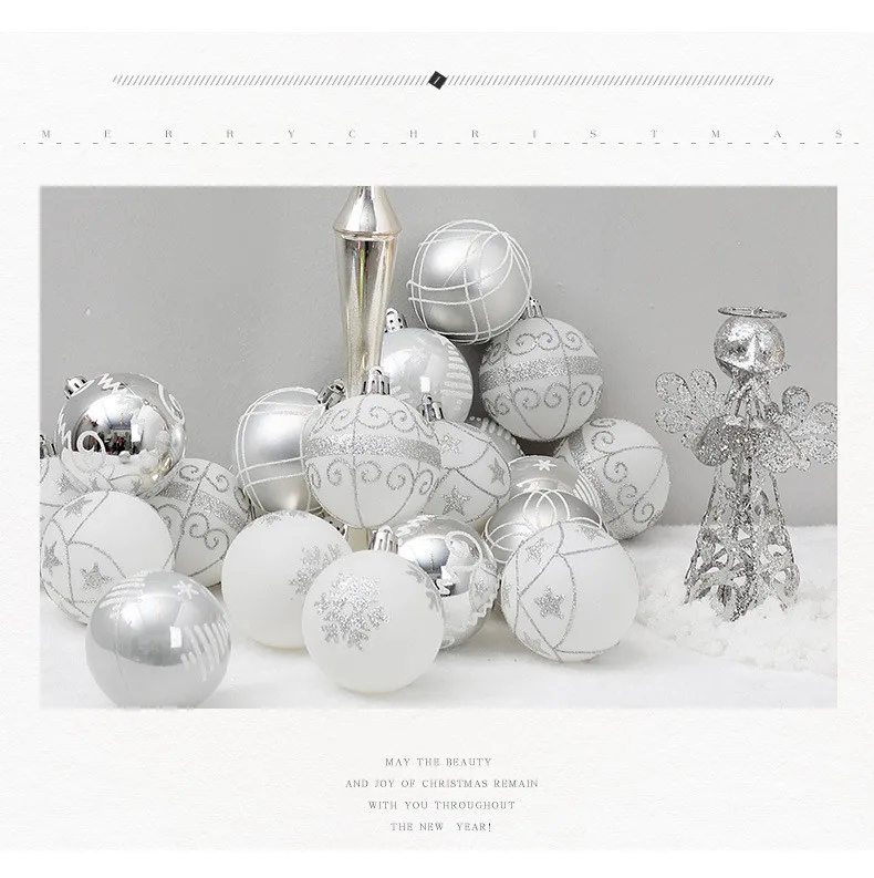 24pcs 6cm silver kawaii drawing christmas hanging balls xmas ornaments bauble ball home party wedding supplies decorating balls