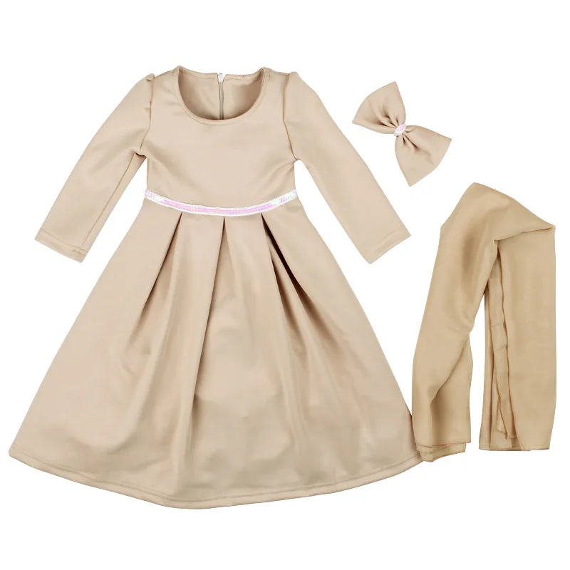 Muslim Girls Long Sleeve Dress+Headwear + Bow Three-Piece Suits Robe Enfant Fille Children Clothing Spring Autumn Dresses | Детская