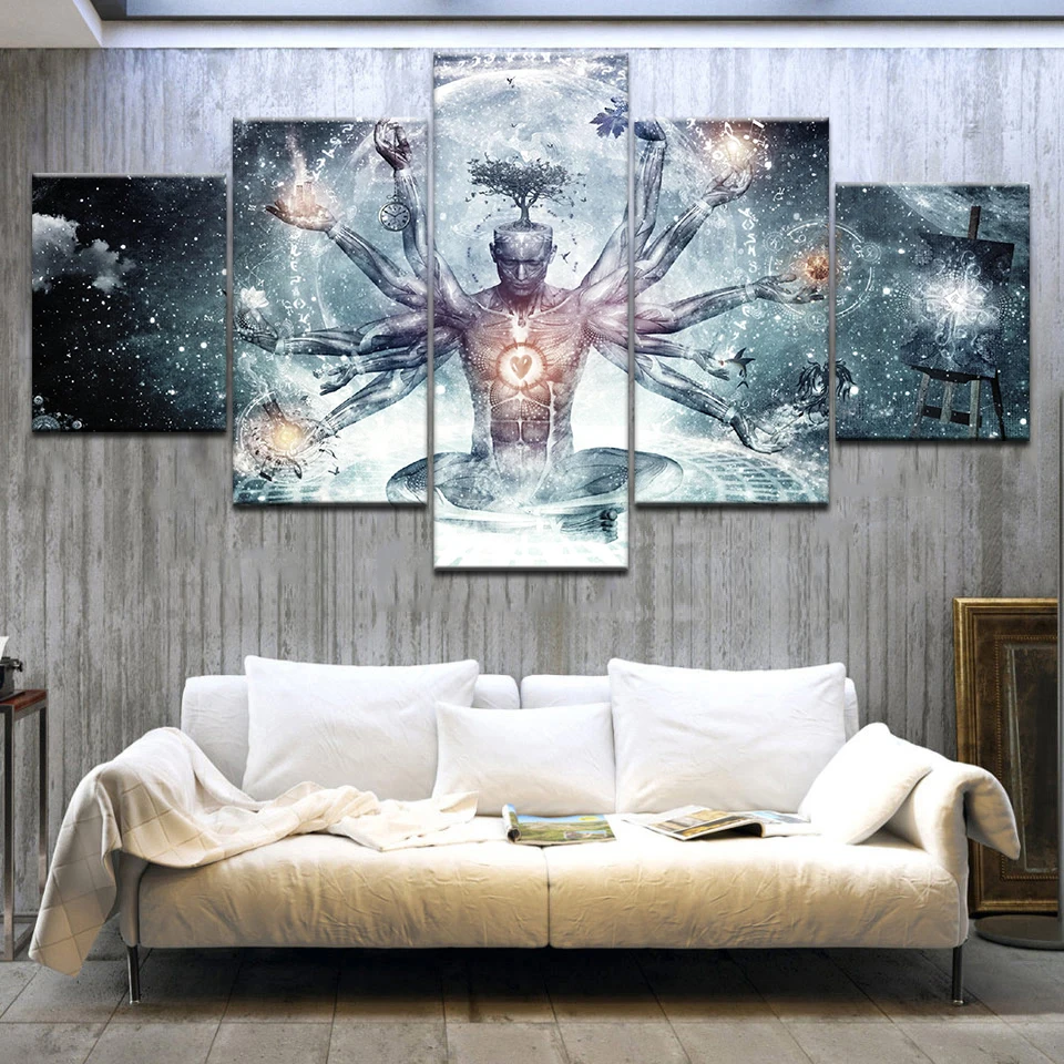 

5 Pcs Buddha with Colorful Clouds Canvas Print Painting Picture Traditional Buddha Statue Pics Abstract Creative Wall Art Decor