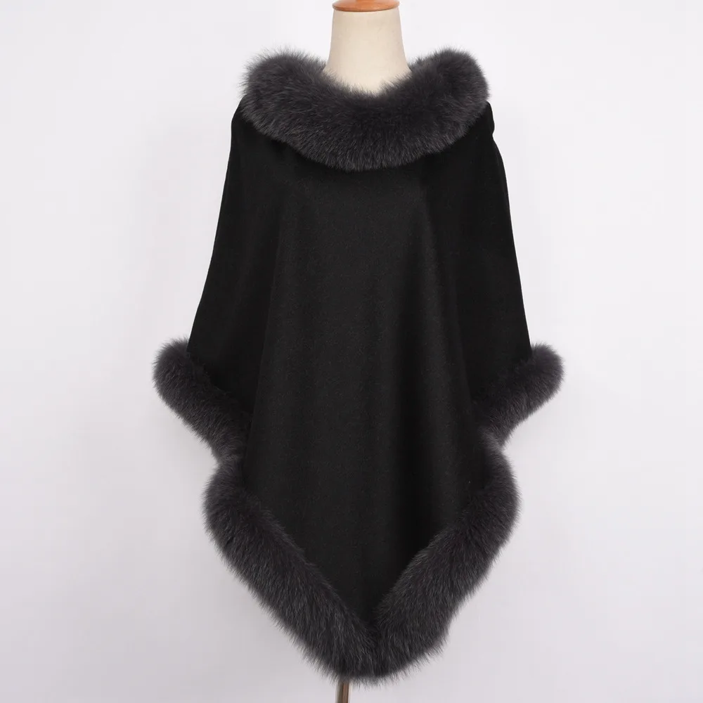 Black-Fox Collar Женское коричневое кашемировое пальто из пашмины, шали с меховым шерстяным шарфом, воротник из лисьего меха енота, пончо, верхняя одежда из натурального меха S7447 - Цвет: Black-Fox Collar