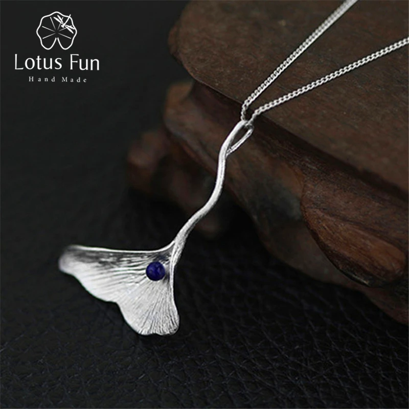 Женский кулон листья гинкго Lotus Fun без цепочки с натуральным Лазуритом ювелирное