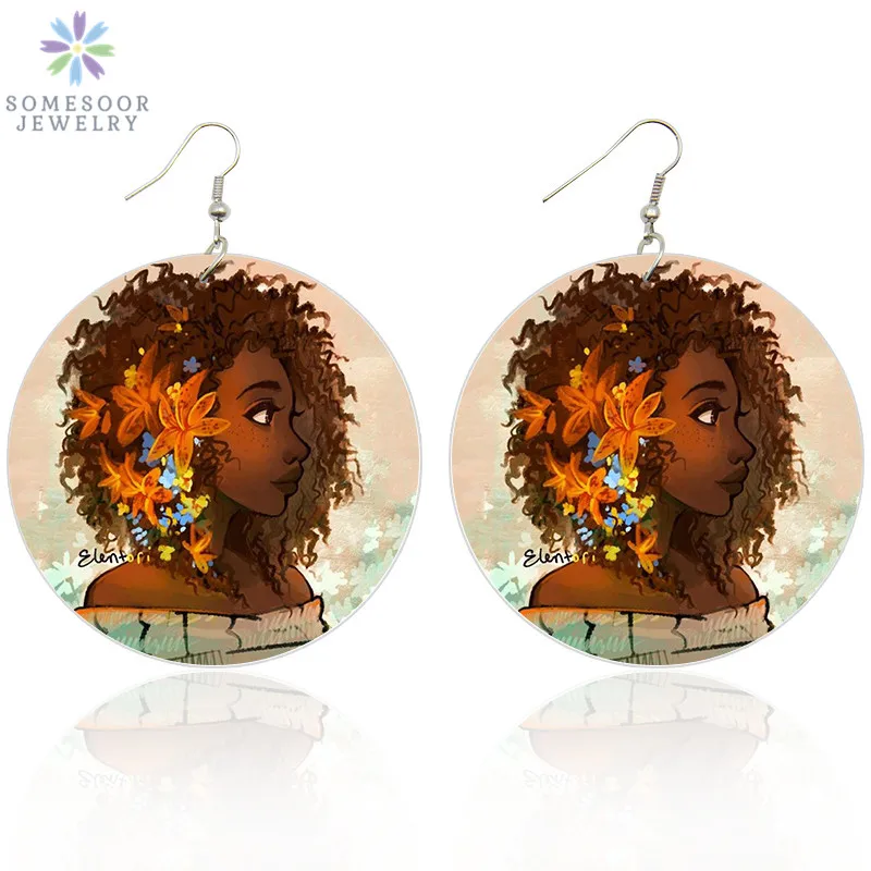 SOMESOOR двусторонняя печать цветок африканские вьющиеся волосы деревянные висячие