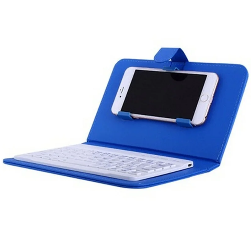 Dark Blue Bluetooth мобильный телефон клавиатура с из искусственной кожи чехол Мини беспроводной портативный алюминиевый IOS Android iPhone 7 8 X Русские наклейки - Цвет: Dark Blue