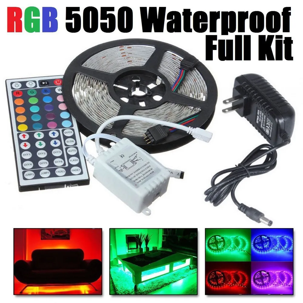 5M RGB 5050 Водонепроницаемый Светодиодные ленты светильник SMD 44-клавишным пультом дистанционного управления 12V US Мощность полный комплект, инфракрасный пульт управления с самоклеющиеся ленты ФИТА светодиодный