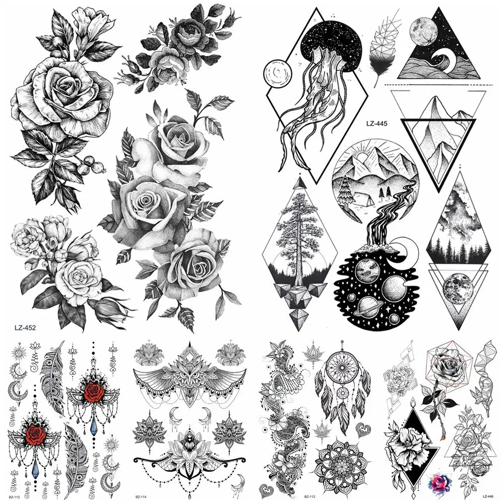 

Realistic Sketch Rose Flower Tattoos Stickers Body Arm Fake Wrist Waterproof Tattoo Temporary Women Men Galaxy Moon Tatoo Sheets