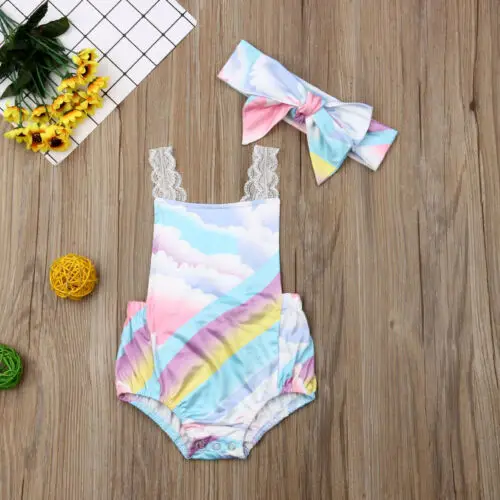 2019 Брендовое Кружевное боди с радужным принтом для новорожденных девочек