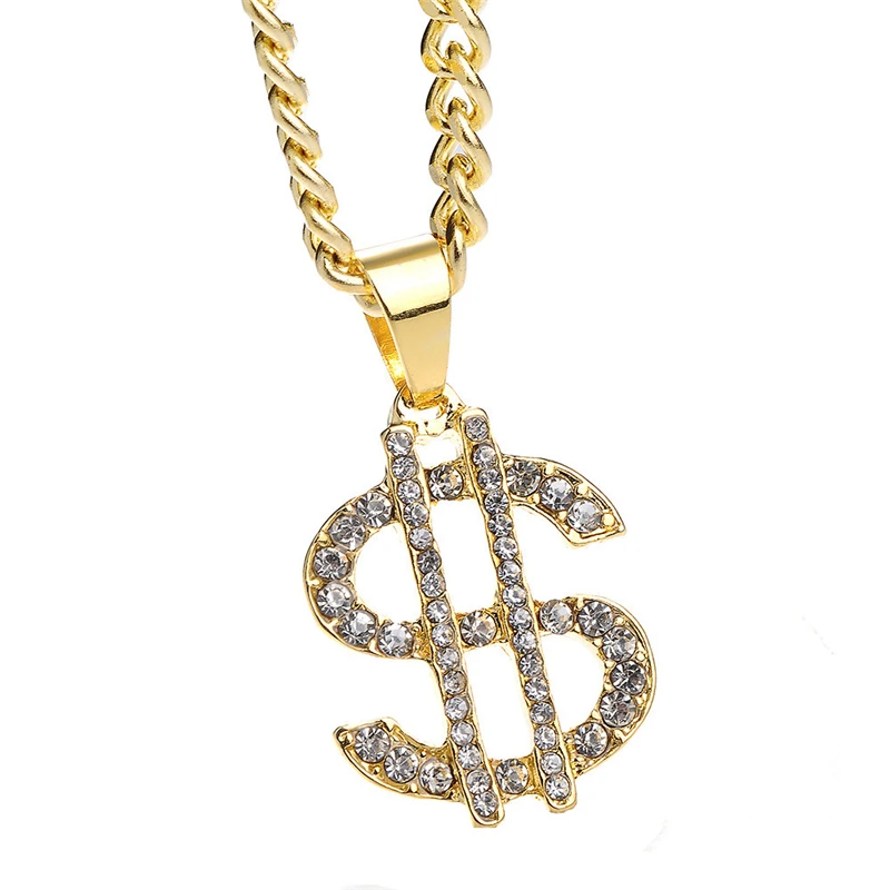 Панк Золотой Цвет знак доллара США хрустальное ожерелье хип-хоп танец Шарм