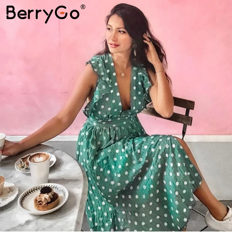 Berrygo сексуальное платье с v-образным вырезом в горошек зеленое летнее платье без рукавов женское платье Короткое Sash button пляжное платье женское vestido
