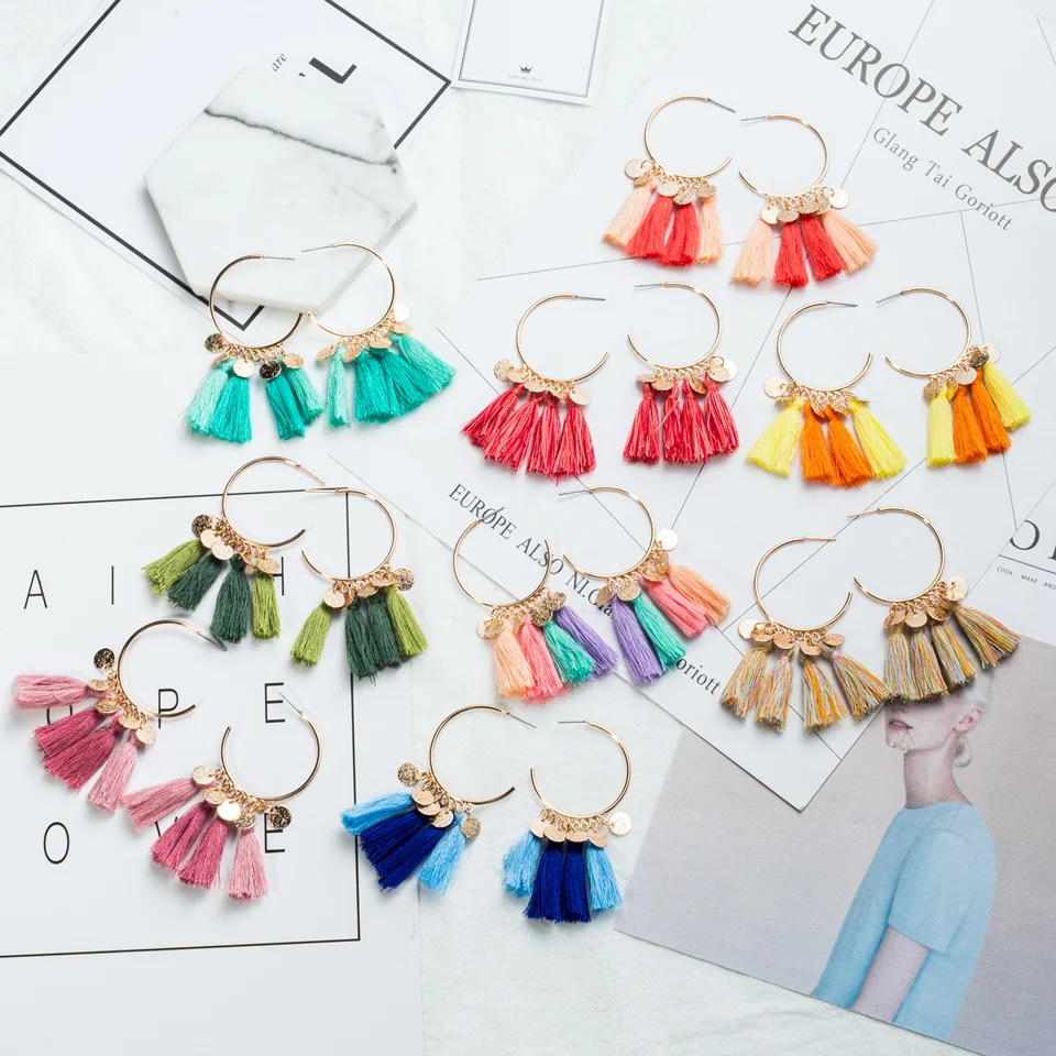 2017 новая мода золотой круг Висячие серьги кисточкой богемный Этническая для