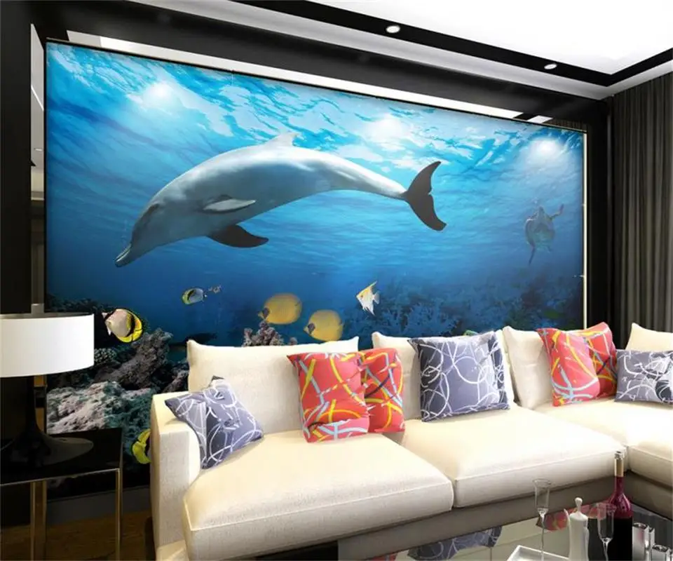 3d обои фотообои на заказ Настенные для гостиной дельфин мама и сын живопись фон