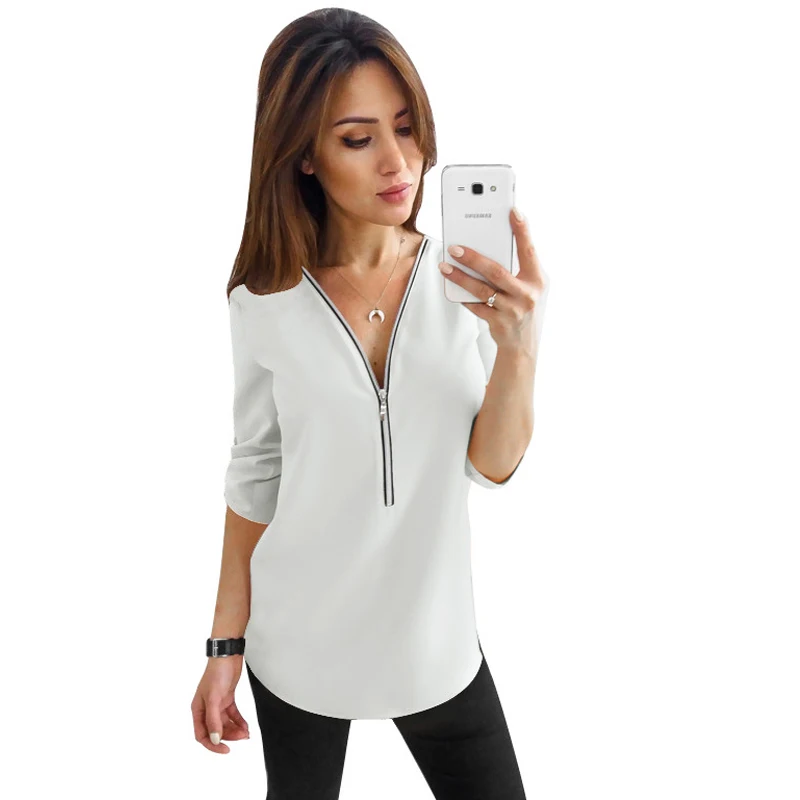 Blusas Mujer De Moda 2019 Блуза женская одежда повседневная с длинным рукавом на молнии