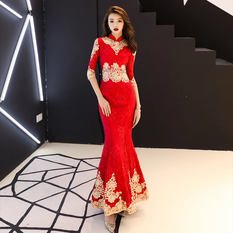 Китайский винтажный Красный в пол Cheongsam женский традиционный вышивка цветок Qipao невесты свадебное вечернее платье