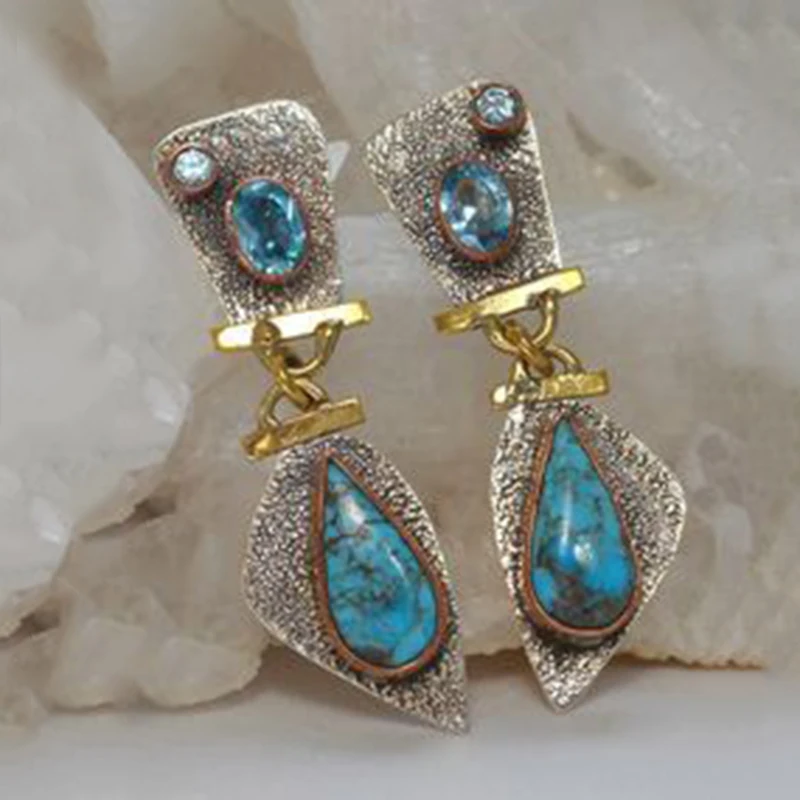 

Retro Metal Dual Color Water Drop Turquoises Gem Stone Dangle Earrings Geometry Shiny Crystal Vintage Earrings 2019 New Z3D264