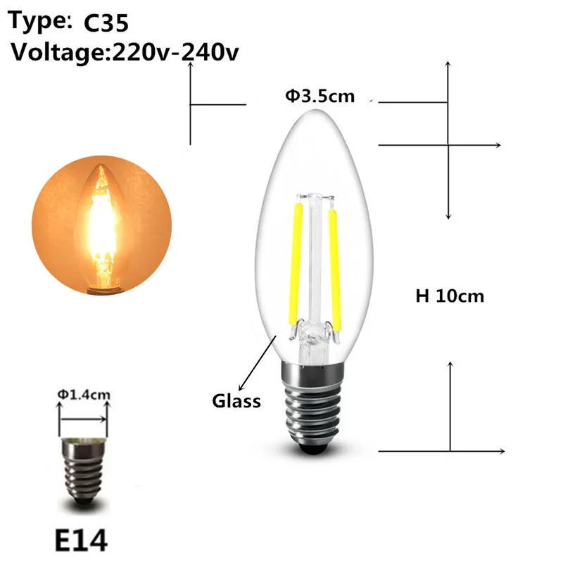 2w 4w 6w 8w E27 E14 прозрачный СВЕТОДИОДНЫЙ лампы A60 G45 C35 B10 220v AC Эдисон светодиодный нити пламени свечи лампы светильник 230 В переменного тока - Испускаемый цвет: C35 E14