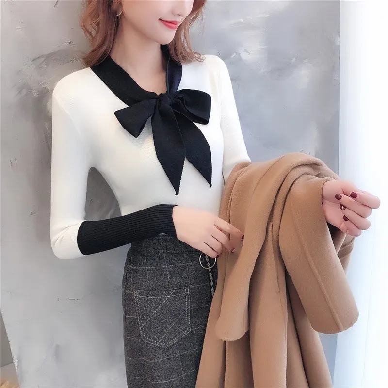 Women Long Sleeve Bow Sweater Fashion 2019 Korean Ruffled Collar Pullover Female Slim Knitted | Женская одежда