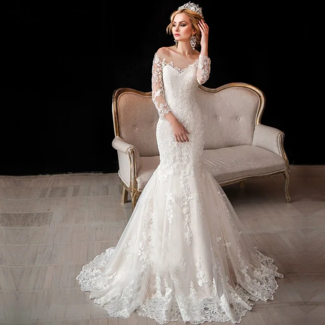 

2017 White/Ivory Mermaid Lace Wedding dresses Backless Appliques Memaid Full Sleeves Bridal Dresses Vestido de novia mn-9