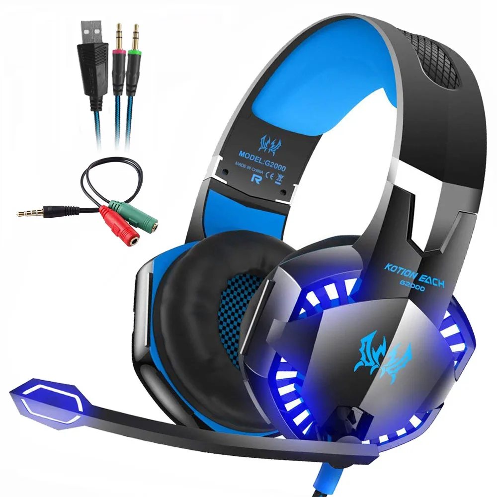 G2000 Blue Kotion каждая игровая гарнитура лучший шлем глубокий бас стерео наушники с микрофоном светодиодный светильник для PS4 Xbox One PC Gamer - Цвет: G2000 Blue