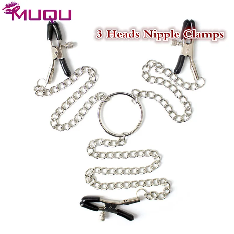 БДСМ секс зажимы для сосков Три головки длинной цепи игрушки взрослых игры