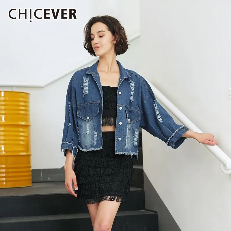 CHICEVER джинсовая куртка с цветочной вышивкой для женщин Свободное пальто