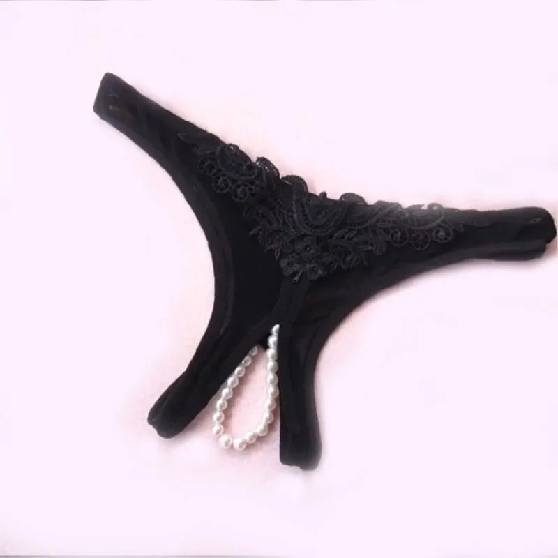 Women Thong With Beads Lace Panties With Open Crotch Transparent Lingerie Femme Sexy Pearl Thong Crotchless Sex Erotic Underwear