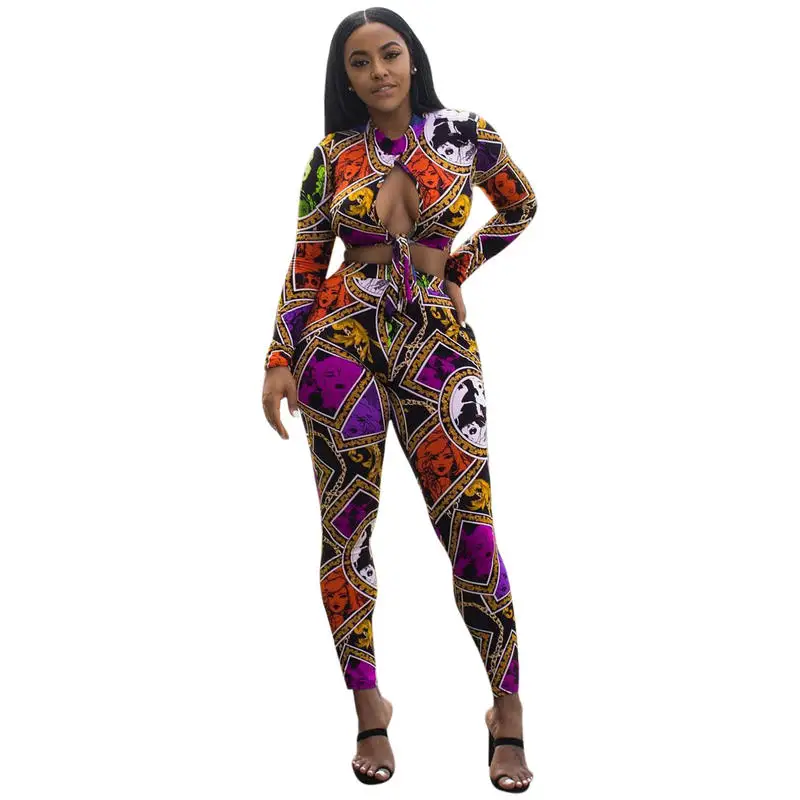 Модный женский костюм комплект с длинным рукавом принтом на ремешке груди