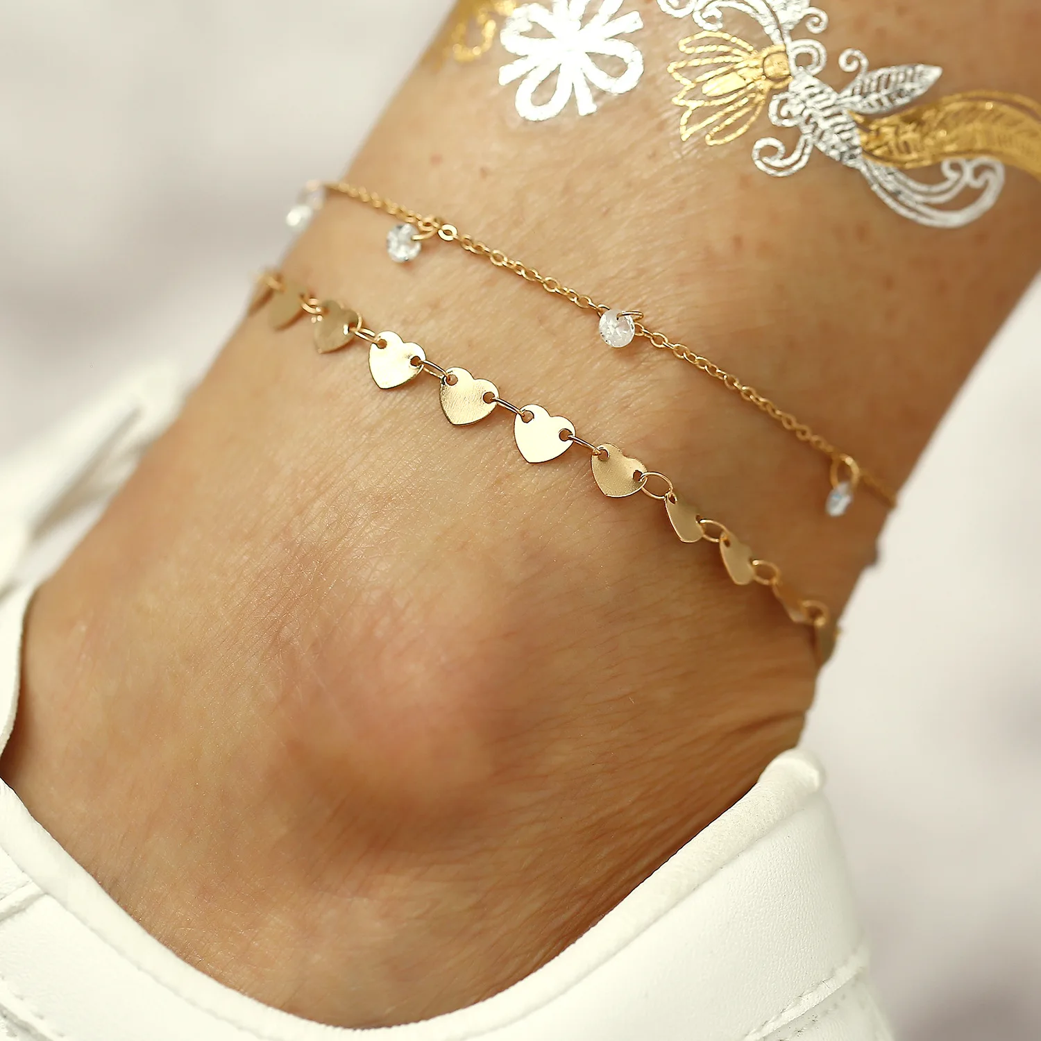 

New Footchain Anklets Love Heart Sequins Inlaid Crystal Pendant Leg Chain Set Anklet Bracelet for Women Bohemian Jewelry