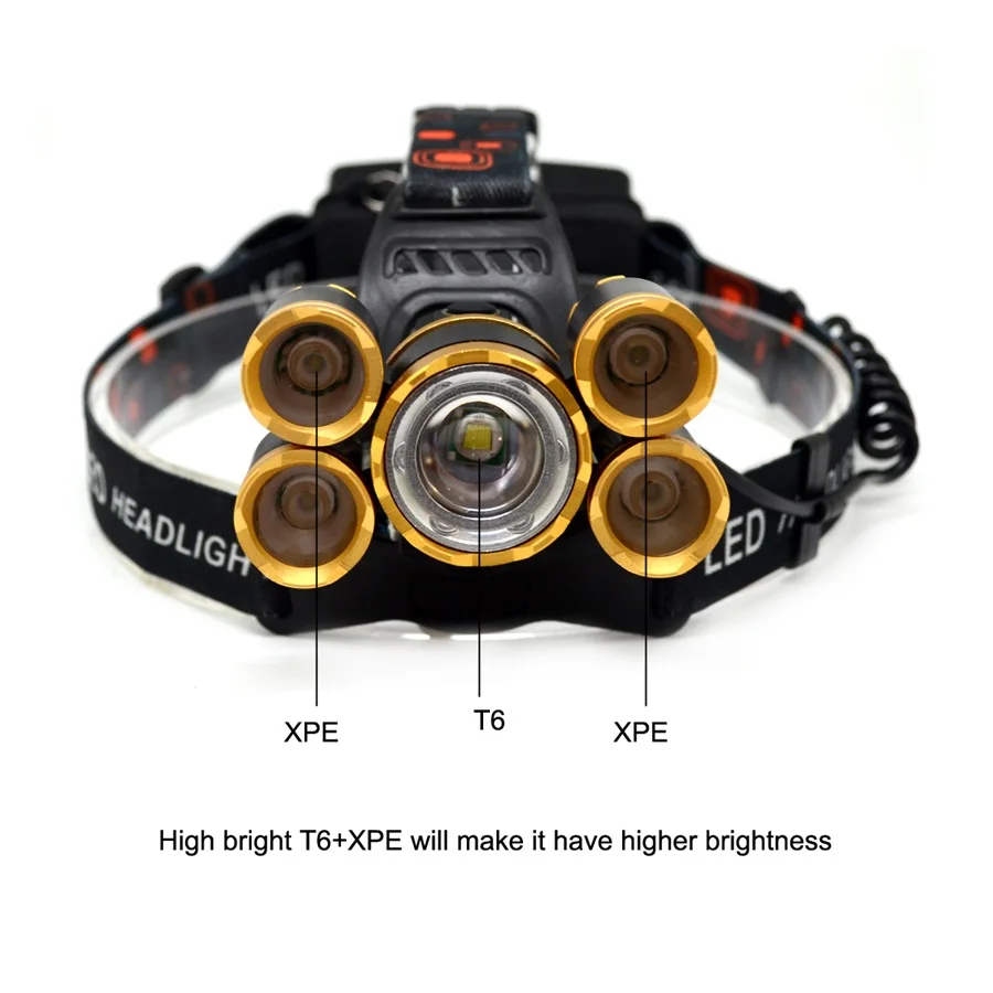 T6+XPE LED Headlight 16000lm Zoomable Head Lamp 5leds Headlamp Light Tube Torch Flashlight+Car Charger+18650 Batteries | Лампы и