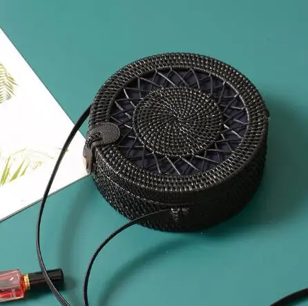 Круглые соломенные сумки, женская летняя сумка из ротанга, ручная работа, тканая пляжная сумка через плечо, круглая богемная сумка, БАЛИЙСКАЯ сумка - Цвет: blackyuwang20x8