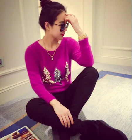 2015 New Year Christmas 3Colors Women Sequins Bead Mohair Knitted Winter Warm Dress Crochet Sweater Pullover Jersey Mujer 353# | Женская