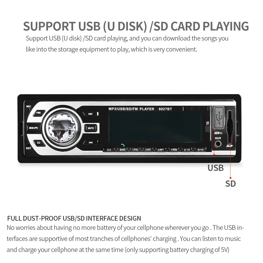 1 Дин радио 8027 Blutooth SD карты USB зарядное устройство для устройства Handsfree 12 V Мультимедиа Стерео Аудио плеер Mp3 MP4 удаленный Conrtol Авторадио