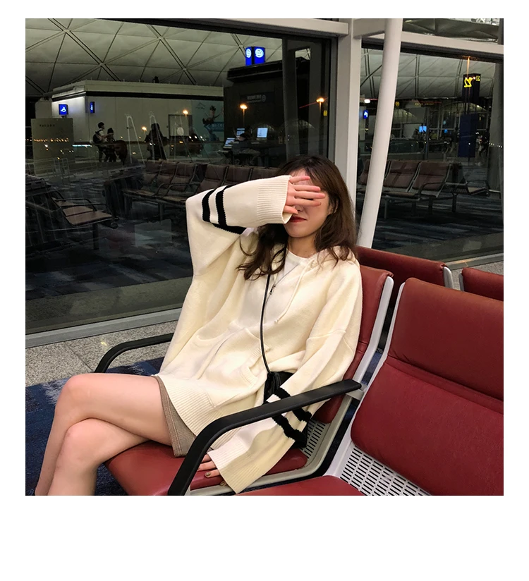 Woherb Harajuku Knitted Cardigan Women Korean Style Modis Striped Print Hooded Sweater Coat Girls Casual Runway Sweaters