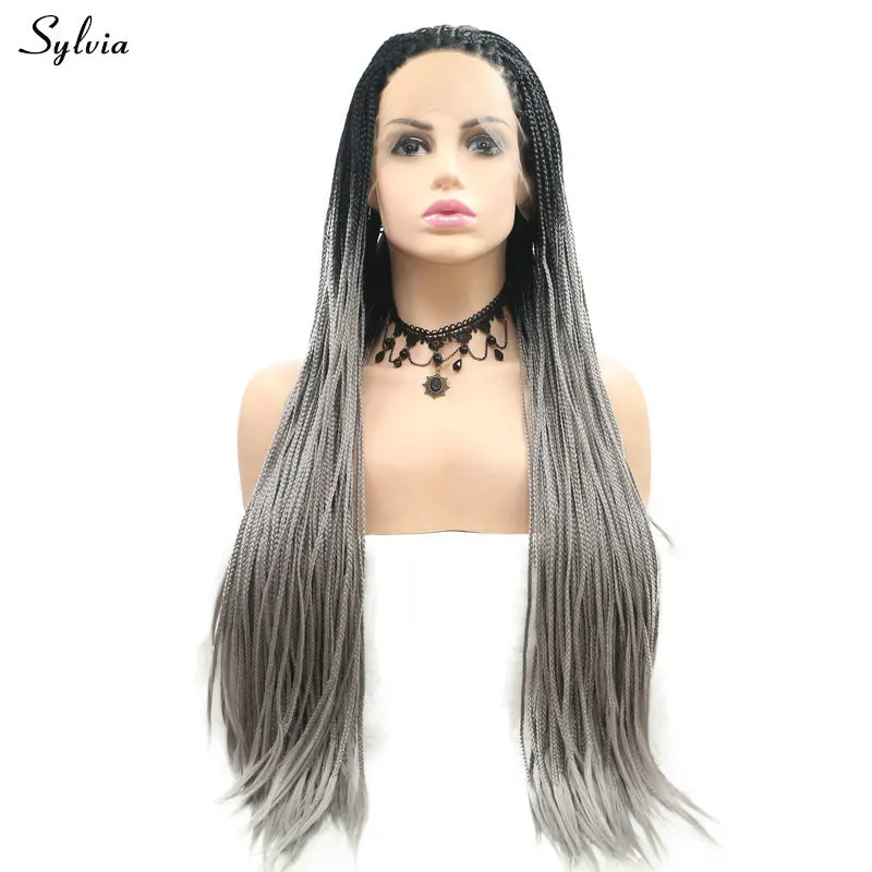Sylvia Braided Box Braids Wig Black Roots Ombre Purple Red Grey Synthetic Lace Front Wigs For Women Long Afro Party Cosplay Hair | Шиньоны и