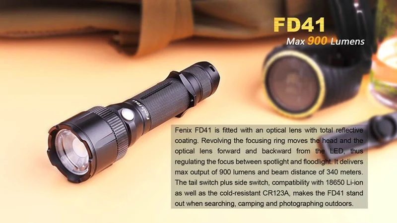 360 градусов Поворотная фокусировка Fenix FD41 900 люмен XP-L светодиодный тактический фонарь с прожектором