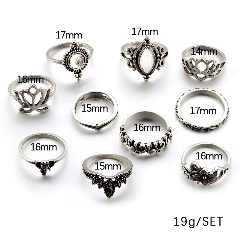 10pcs/set Vintage Rings for Women Antique Color Holow Lotus Flower Punk Elephant Knuckle Ring RT032 | Украшения и аксессуары