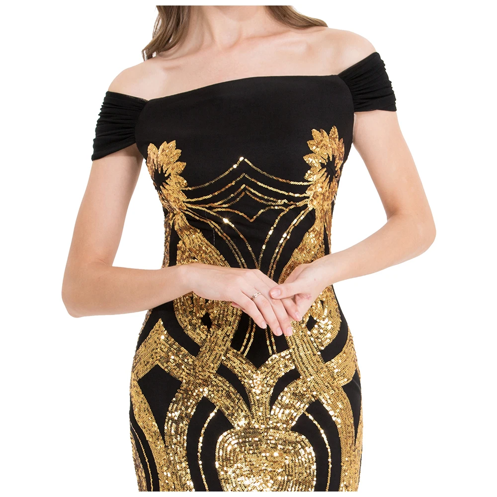 Angel-Fashion, женские винтажные платья с открытыми плечами для матери невесты, Золотое вечернее платье с блестками, длинное платье 407