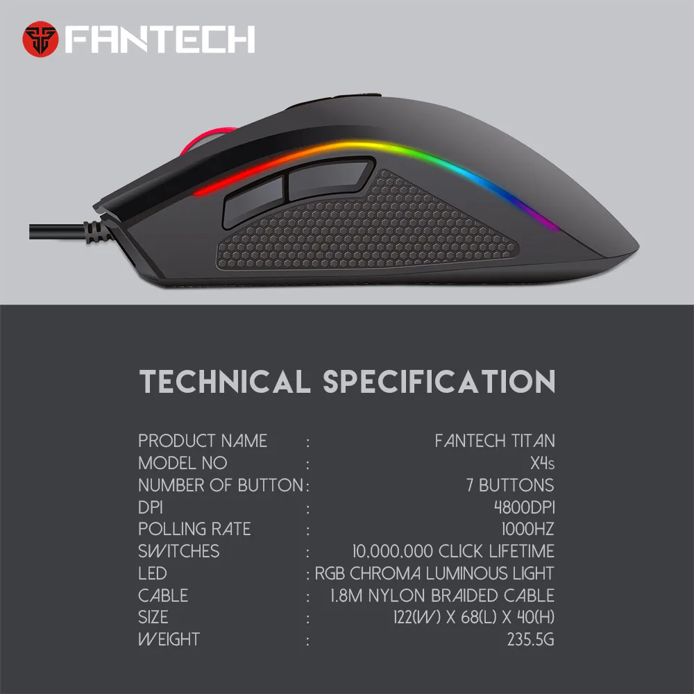 Fantech hand feel design for game applications X4S USB Wired 4800dpi 7Buttons Optical Gaming Mouse LED Backlight PC18 YE3.4 | Компьютеры и