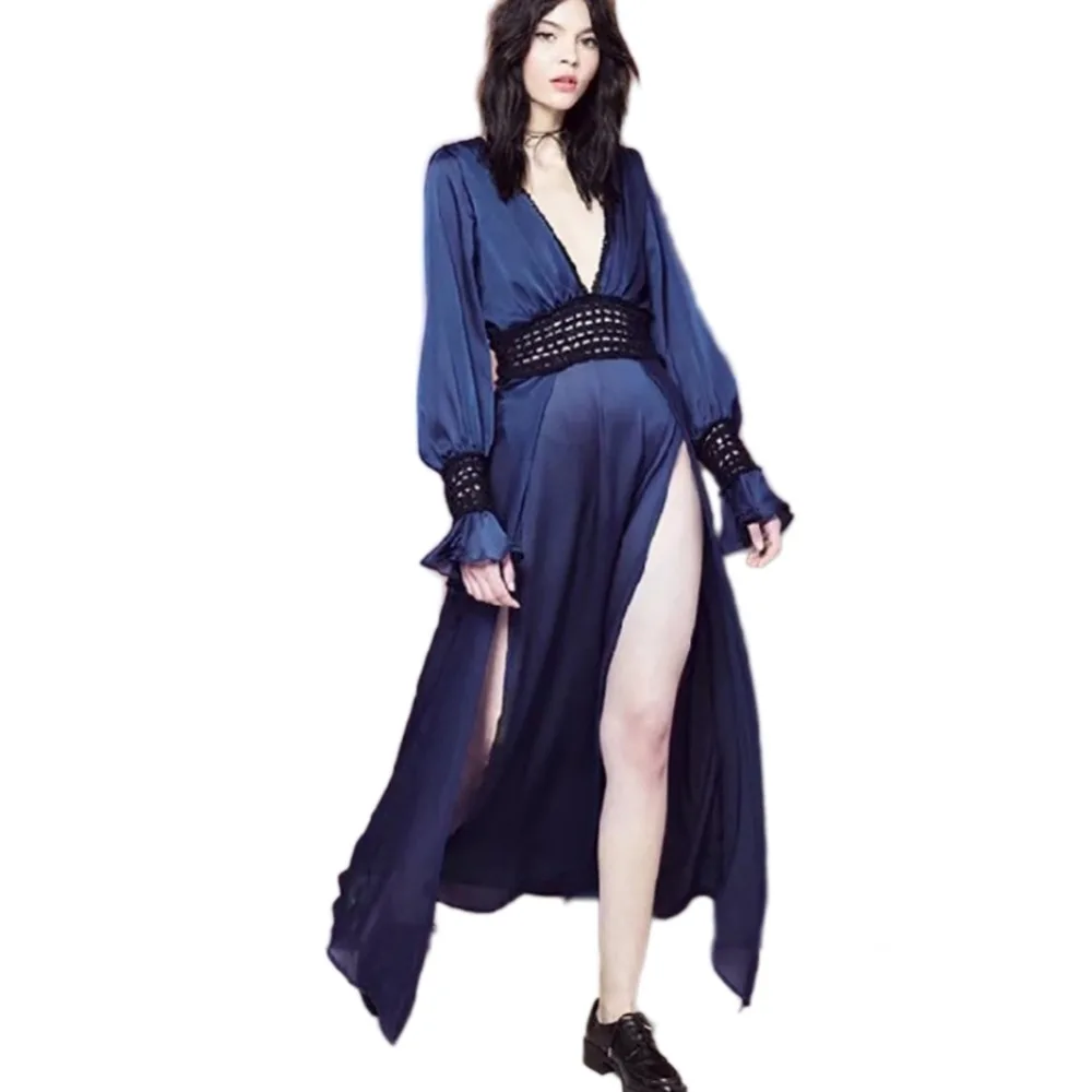 Roiii Spring Summer Vintage Maxi Dress Women V-neck Long Sleeve Sexy Club Out wear Dresses Ladies Fashion Style 2018 | Женская одежда