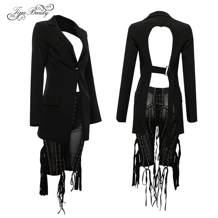 Premium Black Set Tina beauty Cardi B комплект из 2 предметов, штаны, блейзер с открытой спиной, длина до колена, с кисточками, v-образный вырез, сексуальный сетчатый, с длинным рукавом, на шнуровке, украшенный пряжкой - Цвет: Premium Black Set