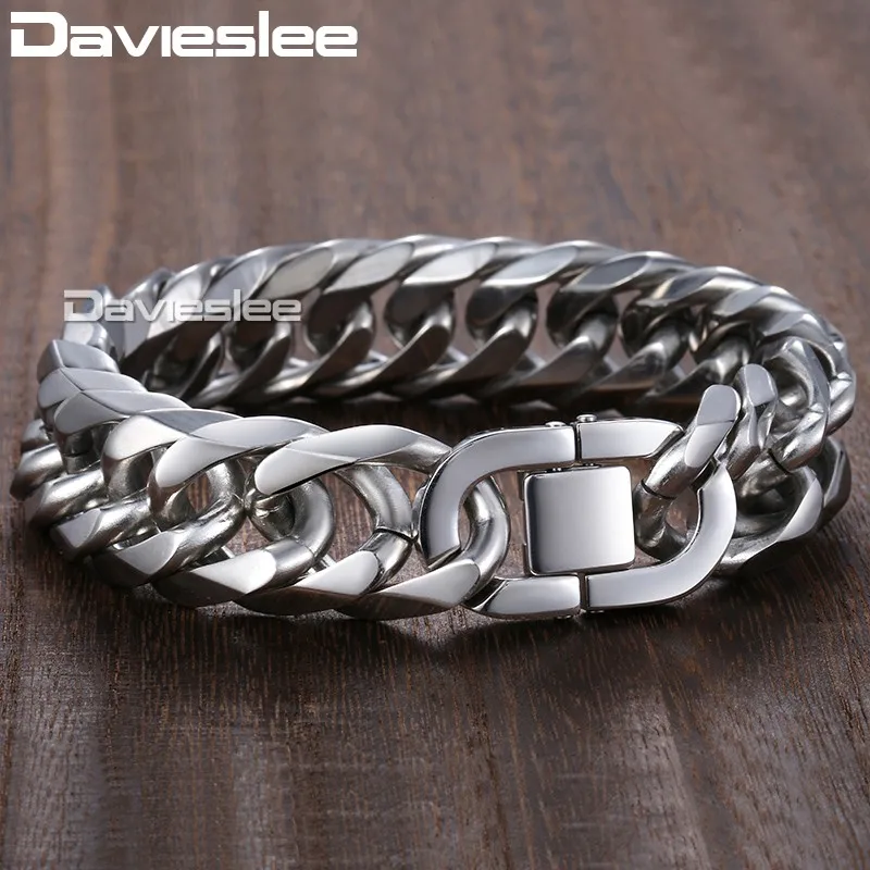 Davieslee 18/22 мм тяжелая Для мужчин мужской браслет Curb кубинской Серебряный Цвет 316L Нержавеющая сталь браслет для мужчин, мужская бижутерия, DLHB287