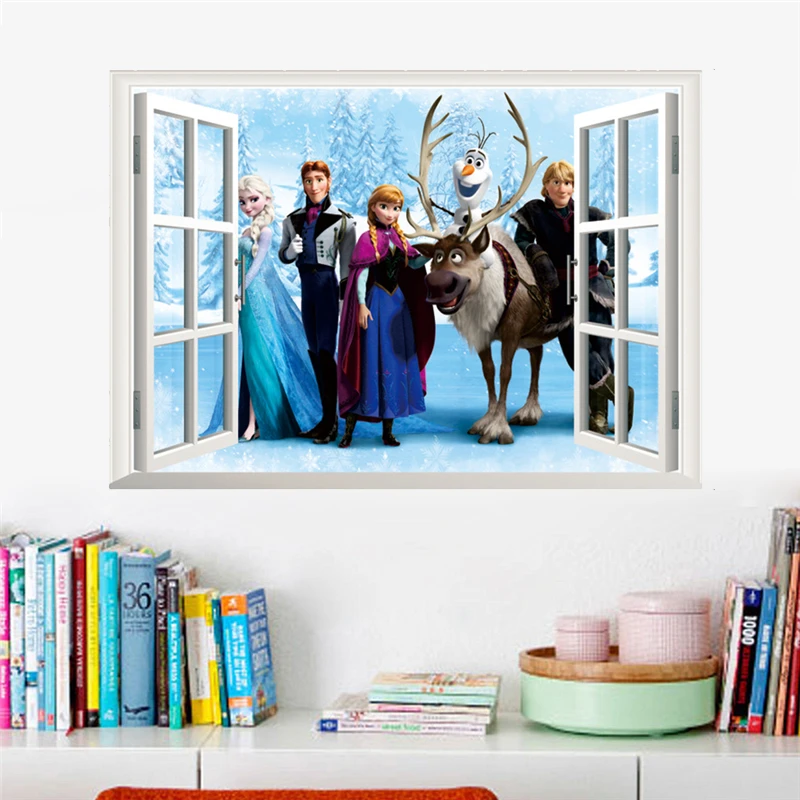 

Cartoon Olaf Sven Kristoff Hans Anna Elsa 3d Window Frozen Wall Stickers Home Decoration Anime Movie Mural Art Kids Room Decals