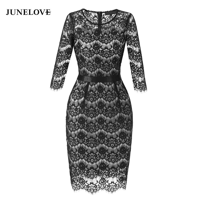 JuneLove Осень-зима 2019 кружевное женское платье с рукавом три четверти винтажное