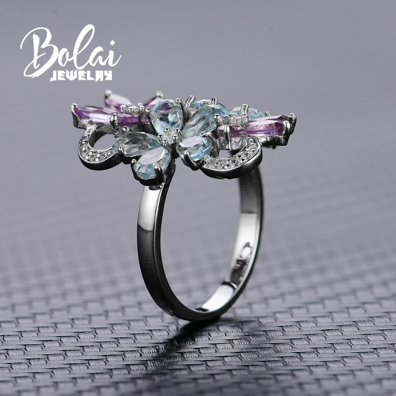 Bolaijewelry цветок и листья натуральный аметист или кольцо с голубым топазом в 925