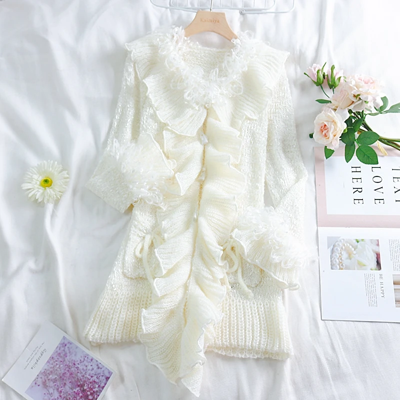 Elegant Knitted Open Sticch White Female Japan Princess Sweet Cute Ruffles Long Sleeve Cardigans Flare Women Sweater |